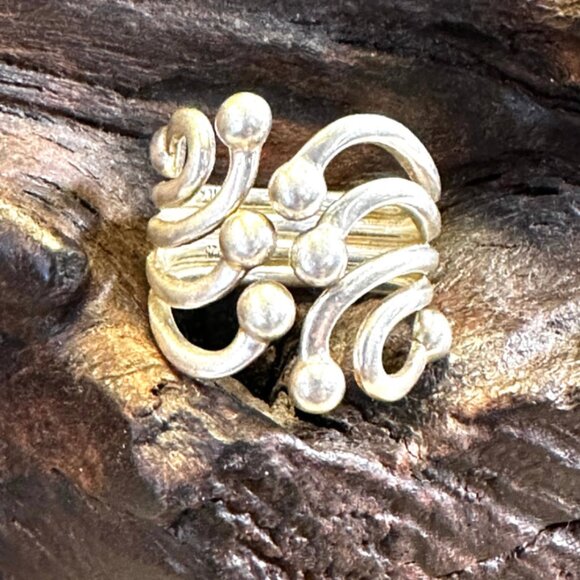Sterling Silver Wire Art Wide Band Ring Adjustable - Picture 1 of 5